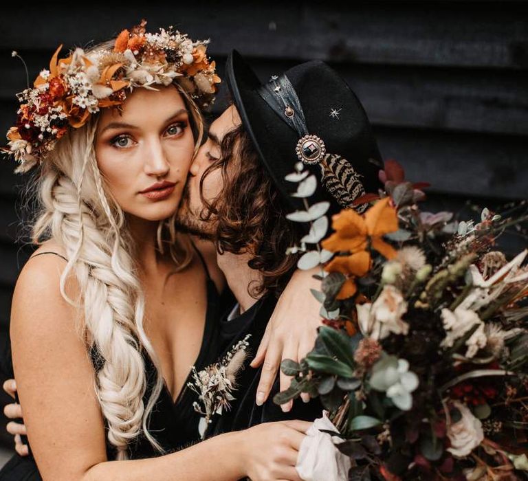 Autumn flower crown and bridal bouquet for Halloween wedding