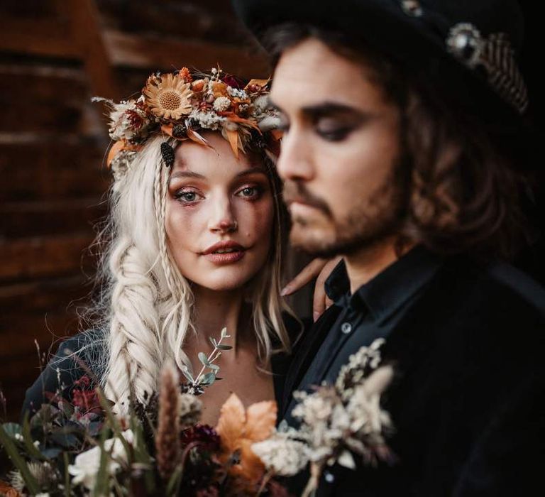 Halloween wedding bridal makeup with autumn flower flower crown