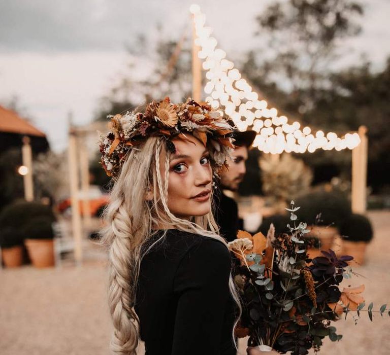 Bridal braid and autumn flower crown for Halloween wedding  inspiration