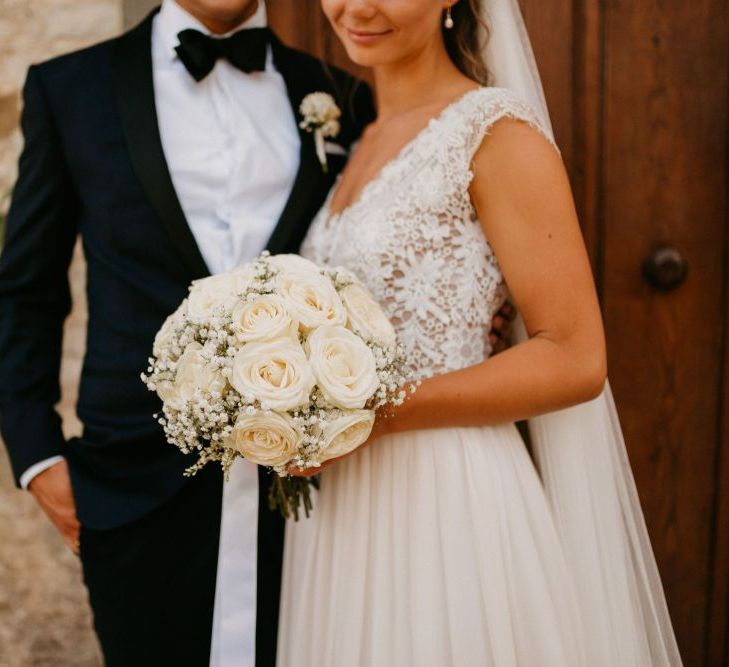 Pure White Rose and Gypsophila Wedding Bouquet