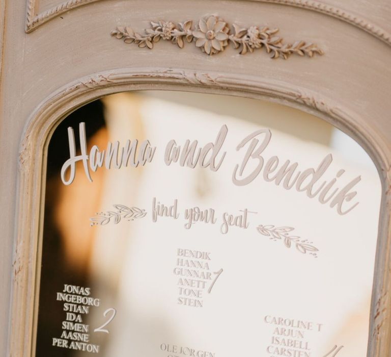 Etched Mirror Table Plan with Ornate Frame