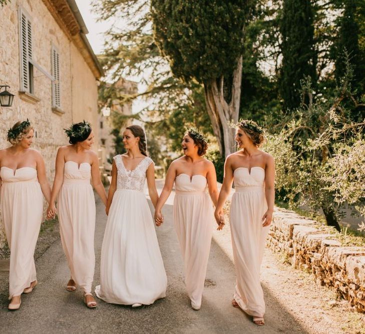 Bridal Party Portrait with Bride in Bespoke Wedding Dress and Bridesmaids in Off The Shoulder Pink ASOS Dresses