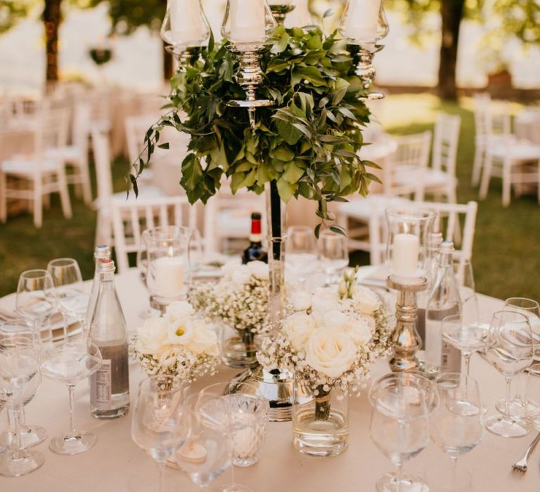 Silver Candelabra Centrepiece with Foliage Wedding Decor