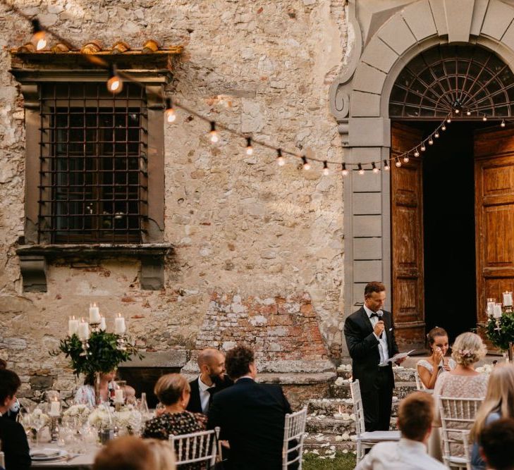 Father of The Bride Outdoor Wedding Speech Under Festoon Lights