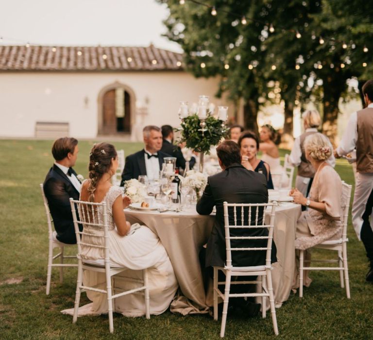 Outdoor Wedding Reception with Festoon Lights