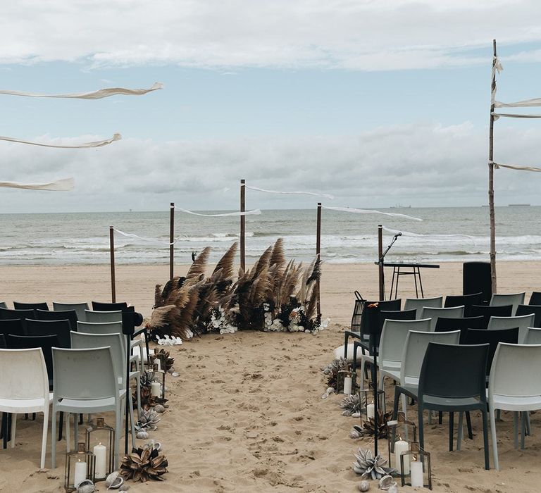 Beach Wedding Ceremony with Pampas Grass Altar