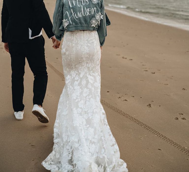 Bride with Short Hair in Customised Denim Jacket and Made with Love Wedding Dress