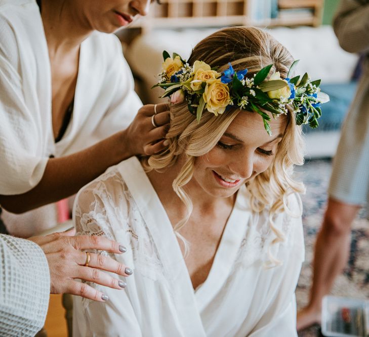 Wedding Morning with Bride in Getting Ready Robe and Flower Crown