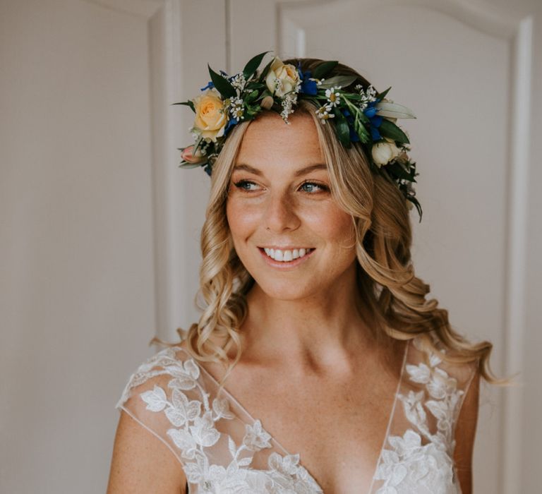 Beautiful Bride in Lace Watters Wedding Dress, Curly Hair and Flower Crown