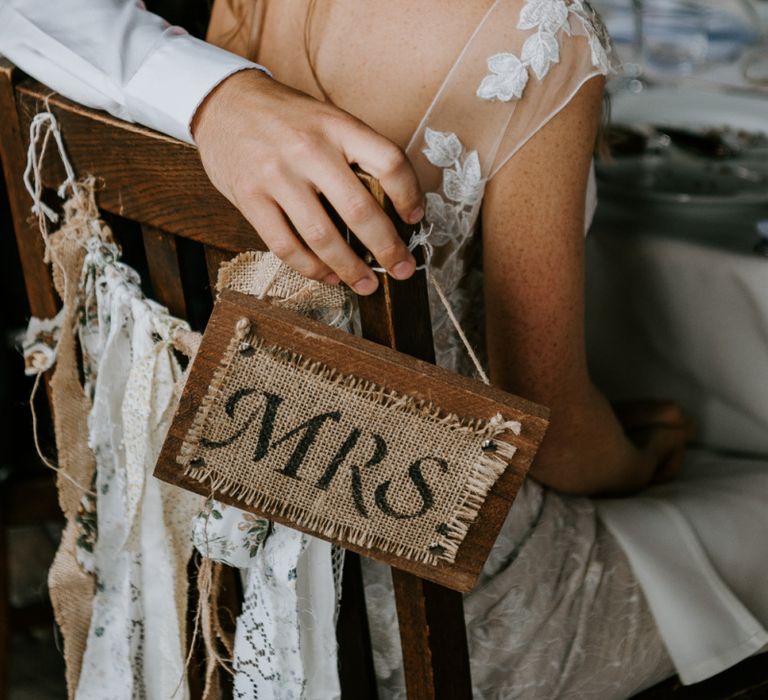 Chair Back Wedding Decor with Lace Ribbon and Wooden Mrs Plaque