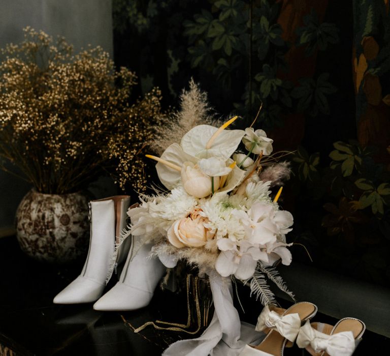 White Bridal Boots and Shoes with White and Cream Wedding Bouquet