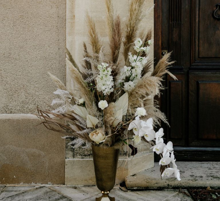 Cream and Beige Wedding Flower Arrangement with Pampas Grass and Orchids