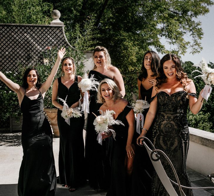 Bridesmaids and Maid of Honour in Black Satin Dresses and Lace Dress