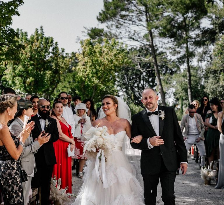 Father of the Bride Walking His Daughter Down the Aisle in a Feather Wedding Dress