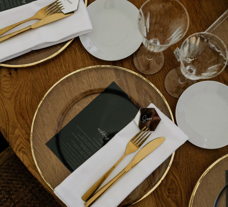 Gold Rimmed Glass Platter and Cutlery Place Setting