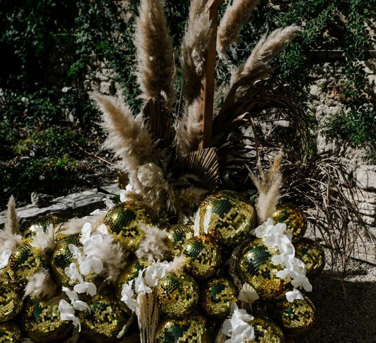 Gold Glitter Balls and Pampas Grass Wedding Decor