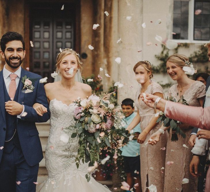 Confetti Exit For Bride and Groom With Bride In Mermaid Wedding Dress