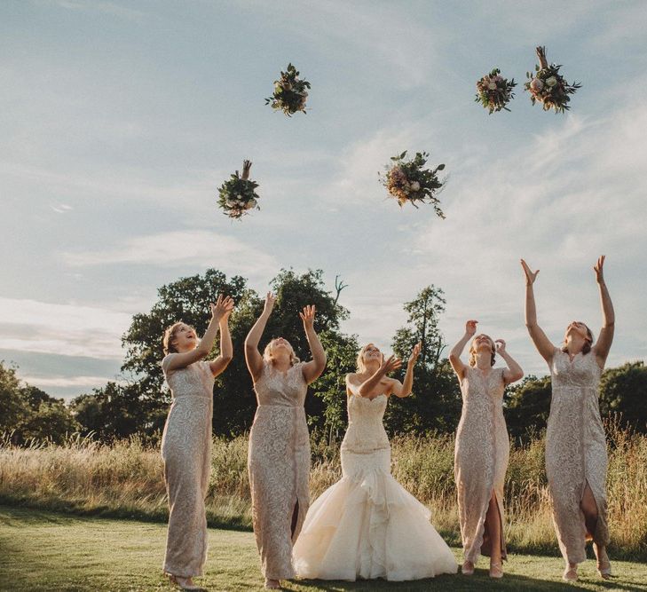 Strapless Mermaid Wedding Dress With Pink Lace Bridesmaid Dresses