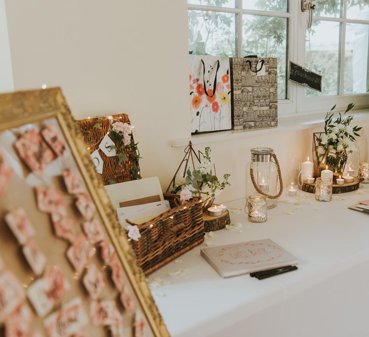 Wedding Guest Book Display // Blush Pink Wedding Dress For Outdoor Wedding Ceremony At Hethfelton House With Images From Dorset Wedding Photographer Paul Underhill