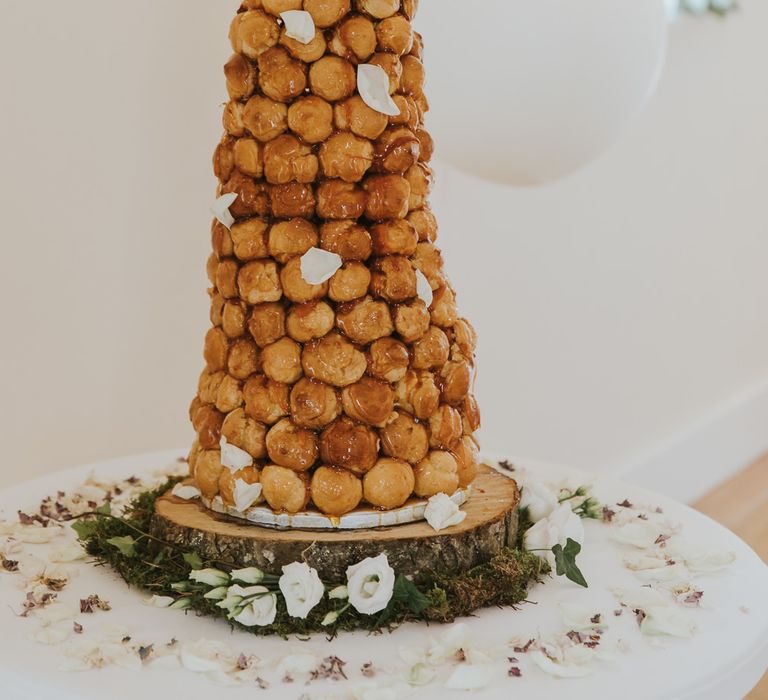 Croquembouche Wedding Cake // Blush Pink Wedding Dress For Outdoor Wedding Ceremony At Hethfelton House With Images From Dorset Wedding Photographer Paul Underhill