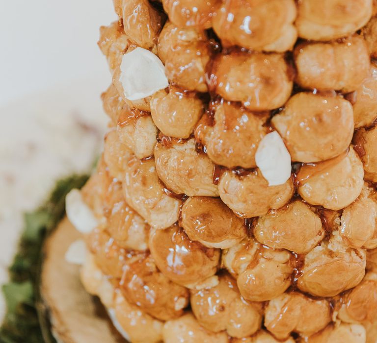 Croquembouche Wedding Cake // Blush Pink Wedding Dress For Outdoor Wedding Ceremony At Hethfelton House With Images From Dorset Wedding Photographer Paul Underhill