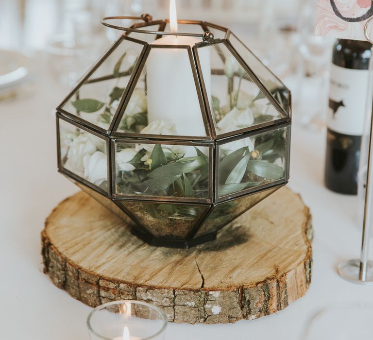 Log Slice Table Decor For Wedding // Blush Pink Wedding Dress For Outdoor Wedding Ceremony At Hethfelton House With Images From Dorset Wedding Photographer Paul Underhill