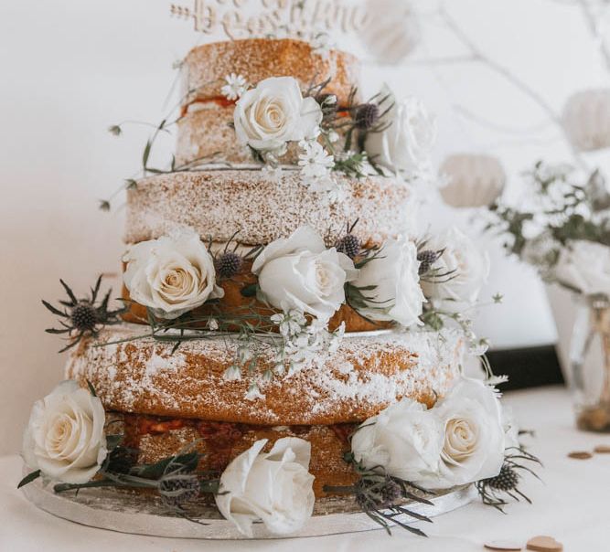 Homemade Naked Victoria Sponge Wedding Cake with White Rose Wedding Decor