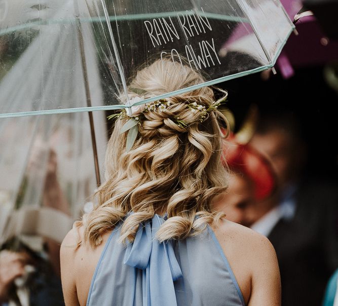 Bridesmaid in Blue Dress with Beautiful Half up Half Down Wavy Hairstyle