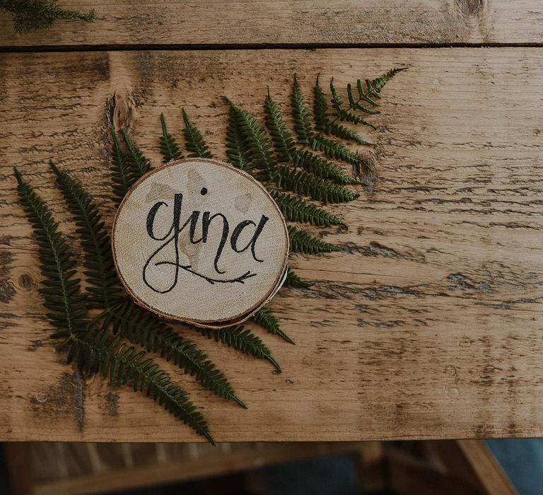 Fern Leaf and Personalised Wooden Tree Slice Name Place Setting