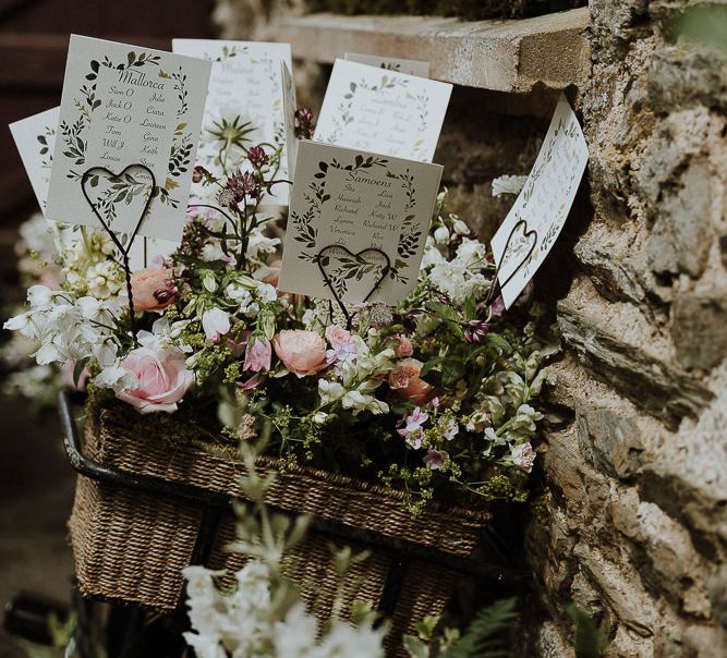 Vintage Bicycle Basket Filled with Flowers as a Wedding Table Plan