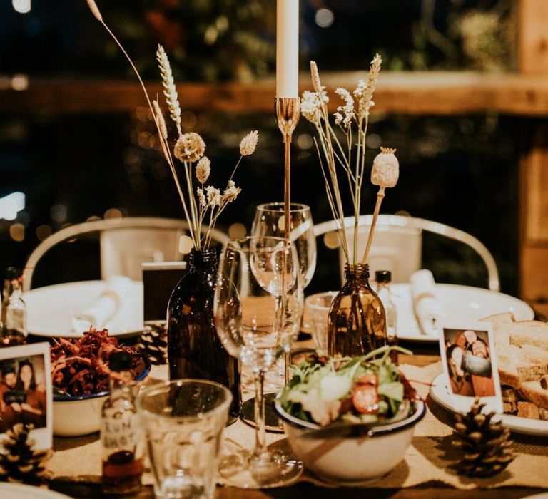 Dried grasses and flower wedding table decor