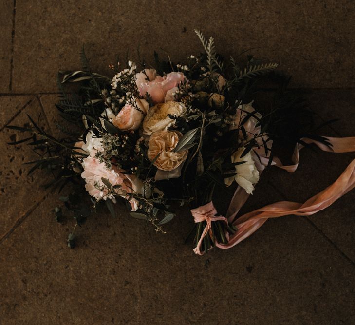 Blush Pink Peonies, White Roses &amp; Foliage Bouquet | Pre-Raphaelite Mood Wedding at Heaver Castle in Kent | Carla Blain Photography