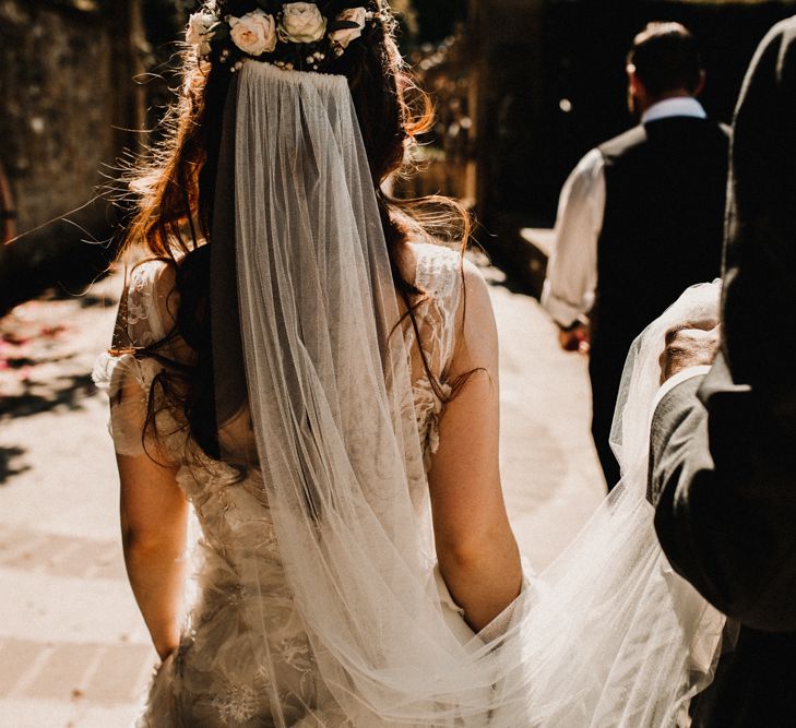 Bride in  Appliqué Flowers Yolan Cris ‘Espino’ Wedding Dress | Wedding Veil &amp; Fresh Flowers | Pre-Raphaelite Mood Wedding at Heaver Castle in Kent | Carla Blain Photography