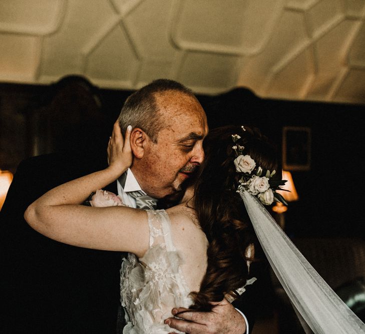 Father of the Bride First Look | Bride in  Appliqué Flowers Yolan Cris ‘Espino’ Wedding Dress | Pre-Raphaelite Mood Wedding at Heaver Castle in Kent | Carla Blain Photography