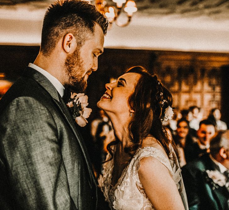 Wedding Ceremony | Bride in  Appliqué Flowers Yolan Cris ‘Espino’ Wedding Dress | Groom in Grey's Suit Hire | Pre-Raphaelite Mood Wedding at Heaver Castle in Kent | Carla Blain Photography