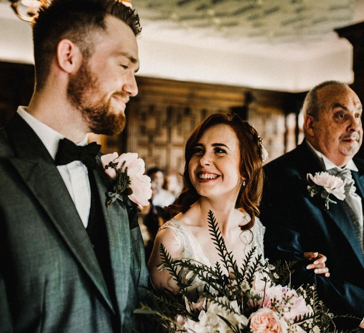 Wedding Ceremony | Bride in  Appliqué Flowers Yolan Cris ‘Espino’ Wedding Dress | Groom in Grey's Suit Hire | Pre-Raphaelite Mood Wedding at Heaver Castle in Kent | Carla Blain Photography