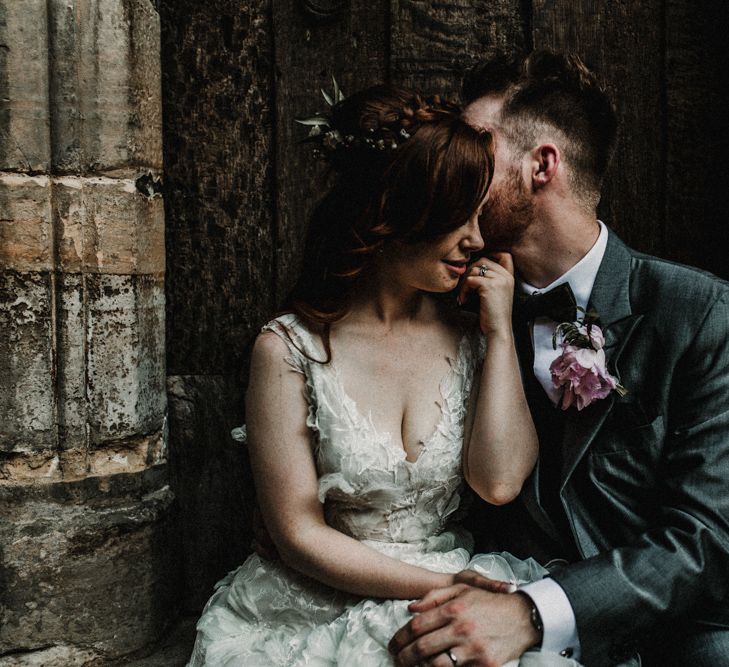 Bride in  Appliqué Flowers Yolan Cris ‘Espino’ Wedding Dress | Groom in Grey's Suit Hire | Pre-Raphaelite Mood Wedding at Heaver Castle in Kent | Carla Blain Photography