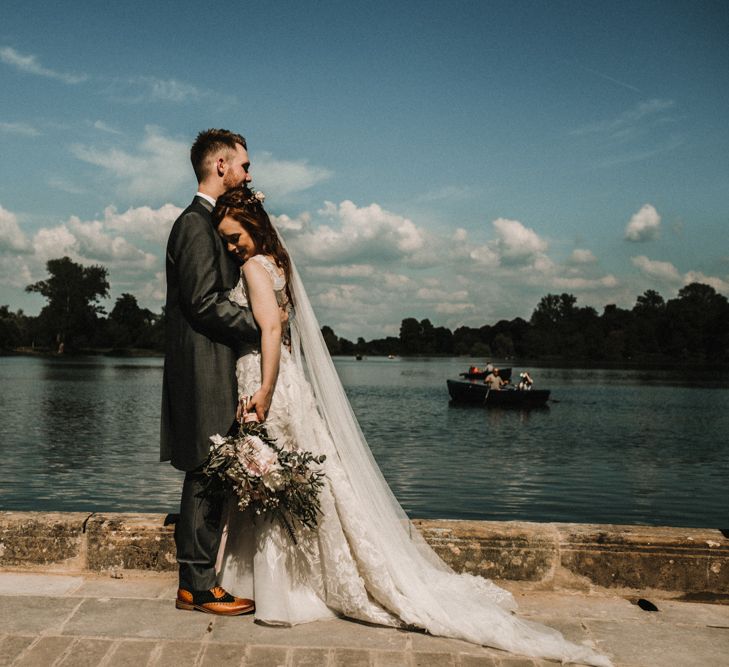 Bride in  Appliqué Flowers Yolan Cris ‘Espino’ Wedding Dress | Groom in Grey's Suit Hire | Pre-Raphaelite Mood Wedding at Heaver Castle in Kent | Carla Blain Photography