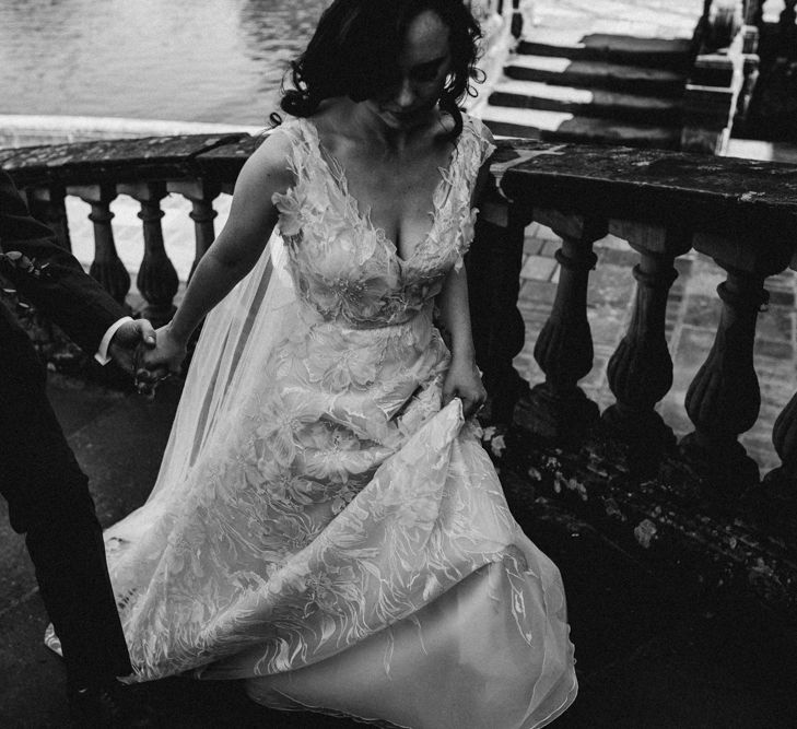 Bride in  Appliqué Flowers Yolan Cris ‘Espino’ Wedding Dress | Groom in Grey's Suit Hire | Pre-Raphaelite Mood Wedding at Heaver Castle in Kent | Carla Blain Photography