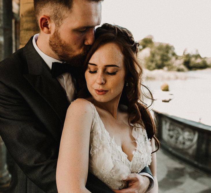 Bride in  Appliqué Flowers Yolan Cris ‘Espino’ Wedding Dress | Groom in Grey's Suit Hire | Pre-Raphaelite Mood Wedding at Heaver Castle in Kent | Carla Blain Photography