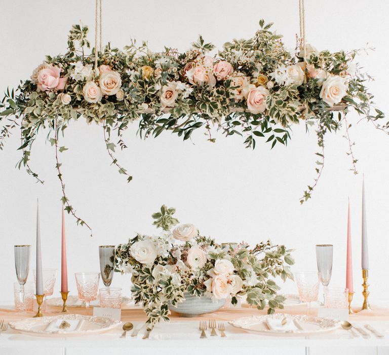 Tablescape with hanging floral installation | Bespoke Planning and Styling by Helaina Storey Wedding Design | Image by Rebecca Goddard