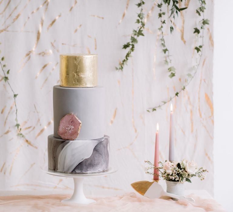 Marble, gold leaf and rose quartz wedding cake | Bespoke Planning and Styling by Helaina Storey Wedding Design | Image by Rebecca Goddard