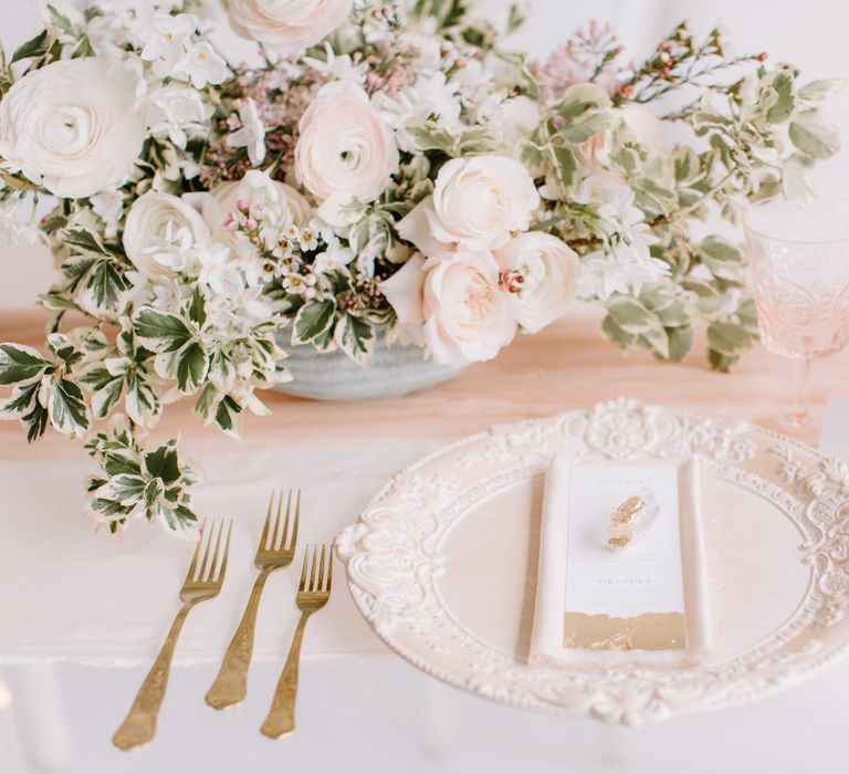 Blush pink table setting | Bespoke Planning and Styling by Helaina Storey Wedding Design | Image by Rebecca Goddard