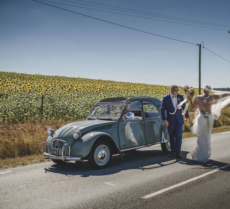 Vintage citreon and sunflower field | Bespoke Planning and Styling by Helaina Storey Wedding Design |  Image by Rik Pennington