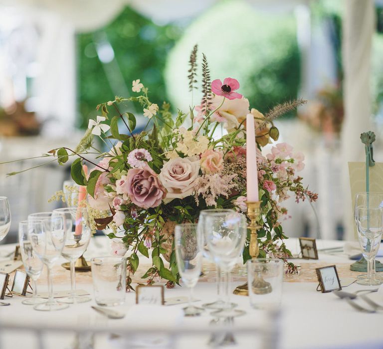 Rose and wildflower table centre | Bespoke Planning and Styling by Helaina Storey Wedding Design | Image by Rik Pennington