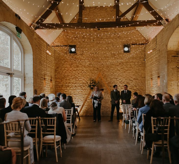 Lapstone Barn wedding ceremony with string lights