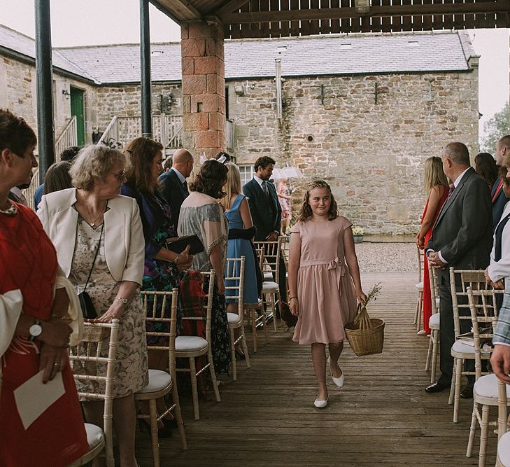 Wedding Ceremony | Pink Flower Girl Entrance | Rustic Barn &amp; Tipi Wedding at High House Farm Brewery, Northumberland | Maureen du Preez Photography