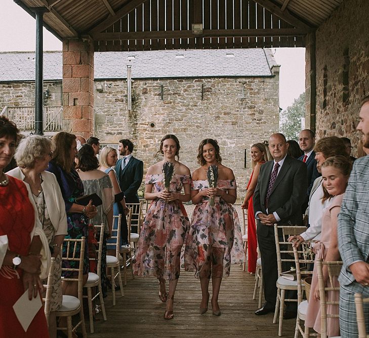 Wedding Ceremony | Bridesmaid Entrance in Floral ASOS Dresses | Rustic Barn &amp; Tipi Wedding at High House Farm Brewery, Northumberland | Maureen du Preez Photography