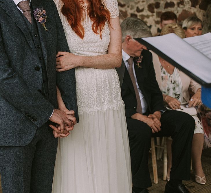 Wedding Ceremony | Bride in Katya Katya 'Mirabelle Wedding Dress | Groom in Reiss Suit | Rustic Barn &amp; Tipi Wedding at High House Farm Brewery, Northumberland | Maureen du Preez Photography