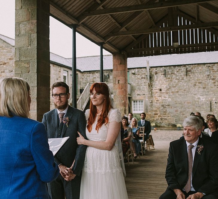 Wedding Ceremony | Bride in Katya Katya 'Mirabelle Wedding Dress | Groom in Reiss Suit | Rustic Barn &amp; Tipi Wedding at High House Farm Brewery, Northumberland | Maureen du Preez Photography